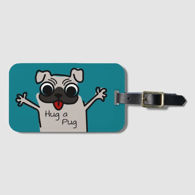 Cute Hug a Pug Teal Luggage Tag (Front Horizontal)