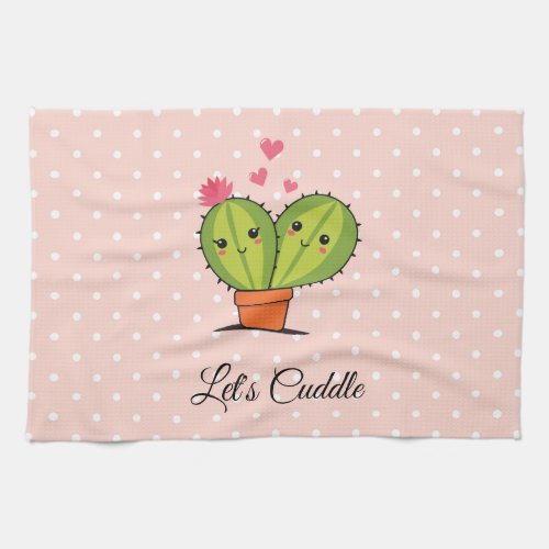 Cute hugging cactus on polka dots kitchen towel