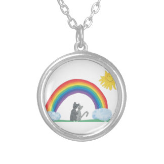 Cute Hugging Cats Under Rainbow and Sun Necklace