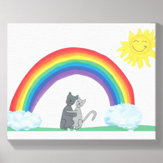 Cute Hugging Cats Under Rainbow and Sun Poster Art Canvas Photo Tile