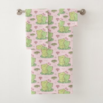 Cute Hugging Frogs In Love Pattern Pink Bath Towel Set by RustyDoodle at Zazzle