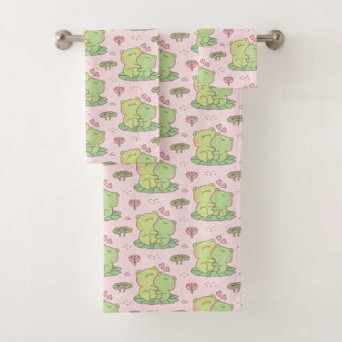 Cute Hugging Frogs In Love Pattern Pink Bath Towel Set