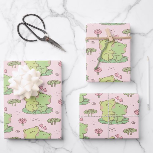 Cute Hugging Frogs In Love Pattern Pink Wrapping Paper Sheets