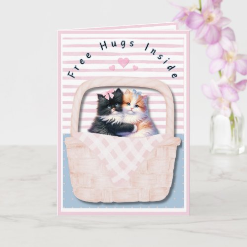 Cute Hugging Kittens Striped Pink Valentines Day Card
