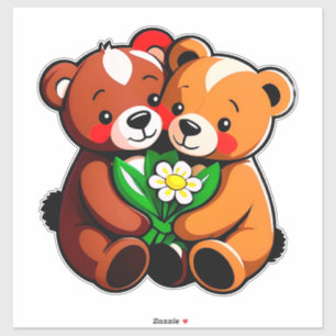 Cute Hugging Teddy Bears Holding Flowers Sticker