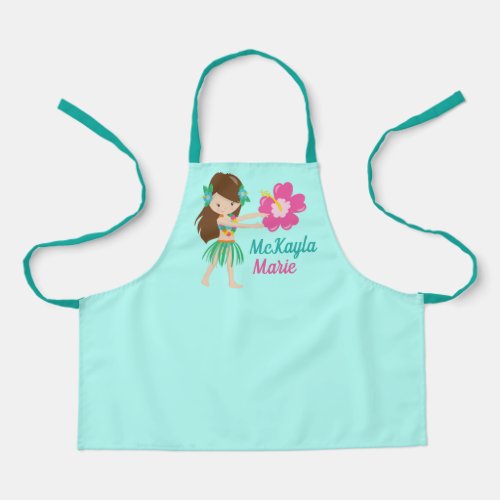 Cute Hula Dancer Hawaiian Girl Teal Monogram Kids Apron