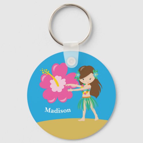 Cute Hula Girl Kids Custom Blue Beach Monogram Keychain