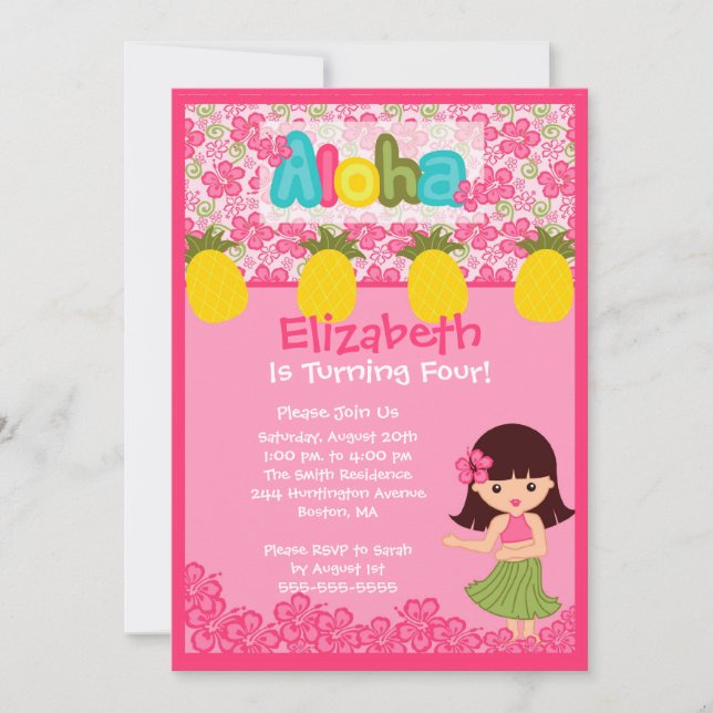 CUTE Hula Girl PInk Birthday Invitation (Front)