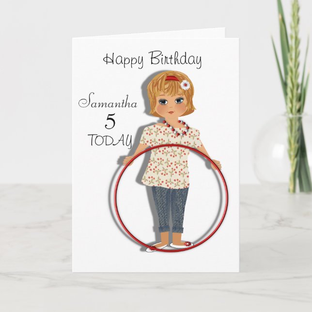 Cute Hula Hoop Girl Personalised Birthday Card (Front)