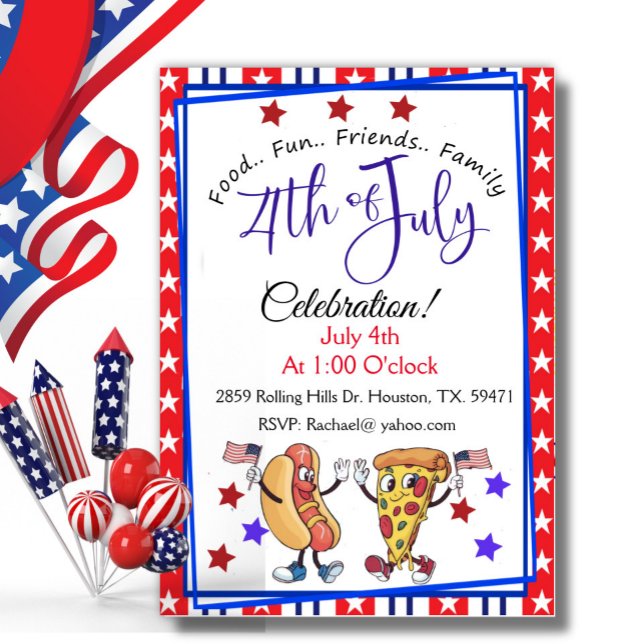 Cute Human Hot Dog  And Pizza 4th Of July BBQ Invitation (Creator Uploaded)