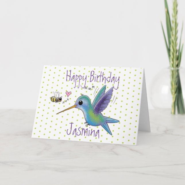 Cute hummingbird and bee cartoon illustration card (Front)