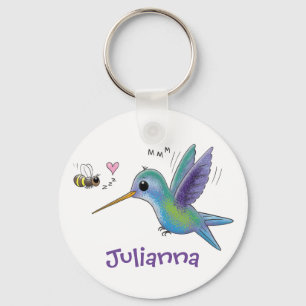 Cute hummingbird and bee cartoon illustration keychain