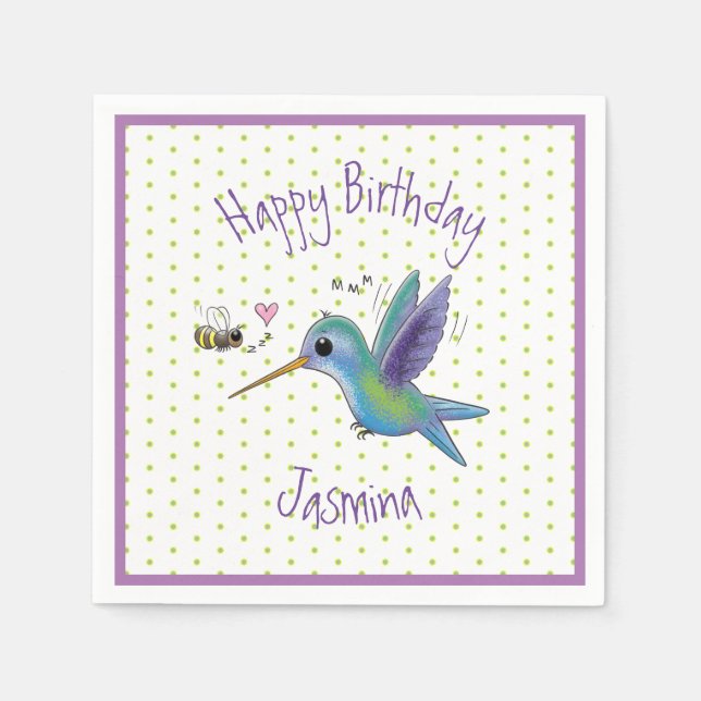 Cute hummingbird and bee cartoon illustration napkins (Front)
