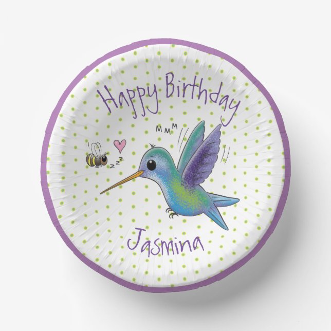 Cute hummingbird and bee cartoon illustration paper bowls (Front)
