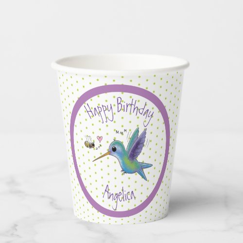 Cute hummingbird and bee cartoon illustration paper cups