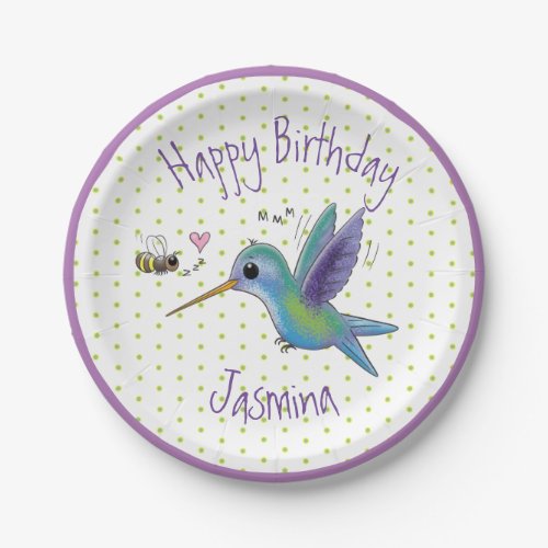 Cute hummingbird and bee cartoon illustration paper plates