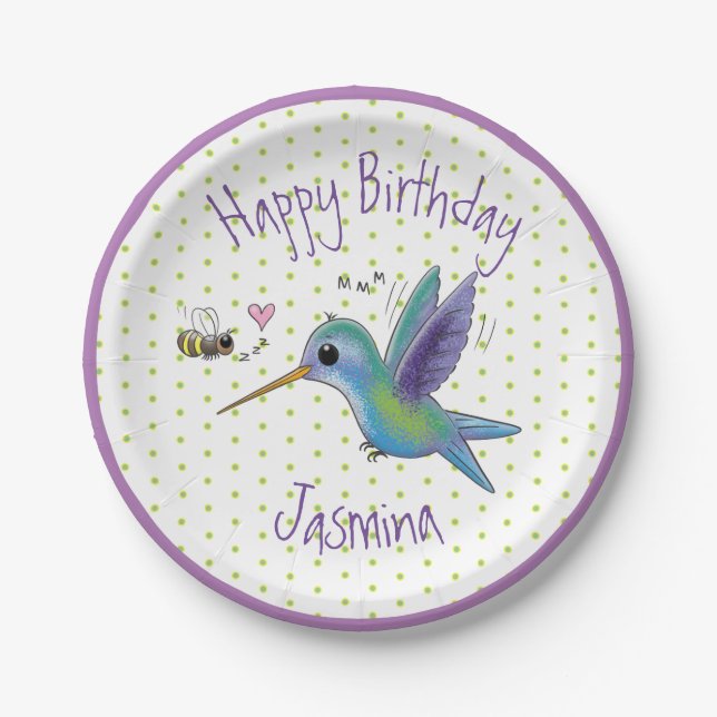 Cute hummingbird and bee cartoon illustration paper plates (Front)