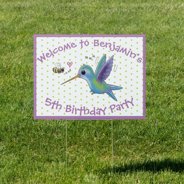 Cute hummingbird and bee cartoon illustration sign (Insitu)