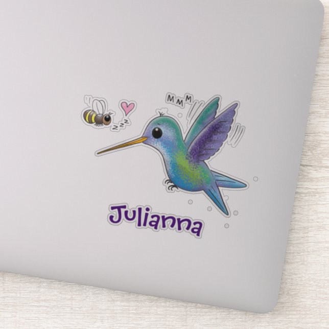 Cute hummingbird and bee cartoon illustration sticker (Detail)