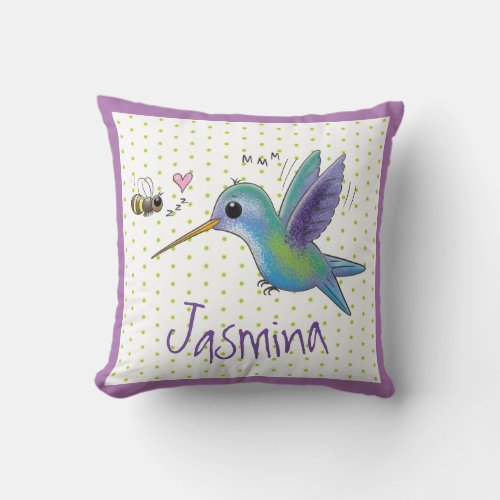 Cute hummingbird and bee cartoon illustration throw pillow