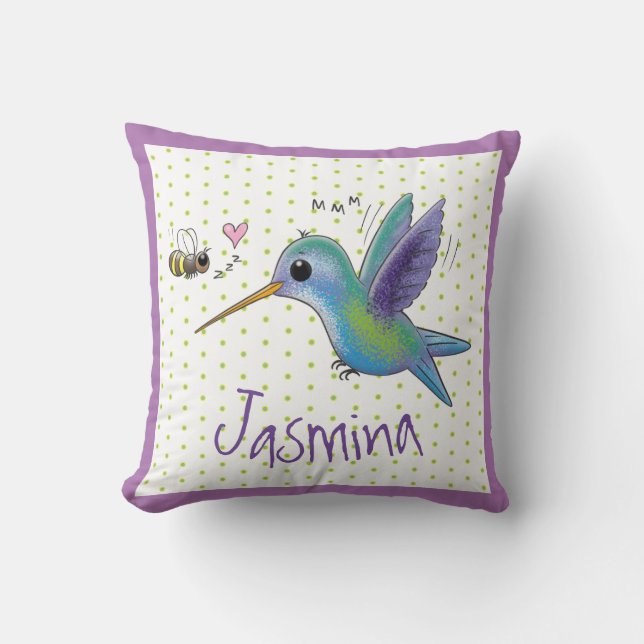 Cute hummingbird and bee cartoon illustration throw pillow (Front)
