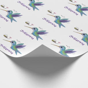 Cute hummingbird and bee cartoon illustration wrapping paper
