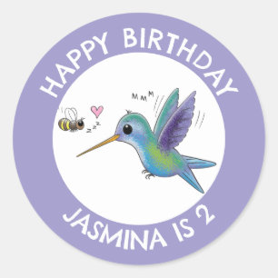 Cute hummingbird and bee cartoon personalized classic round sticker