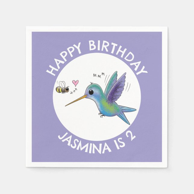 Cute hummingbird and bee cartoon personalized napkins (Front)