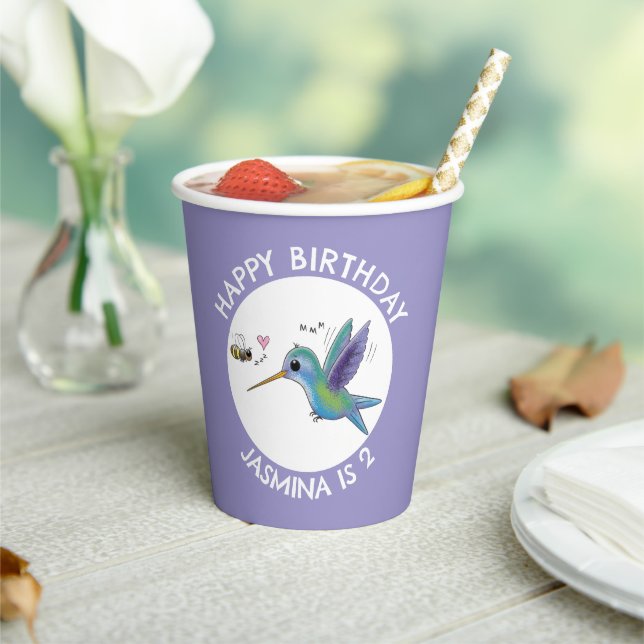 Cute hummingbird and bee cartoon personalized paper cups (Insitu)