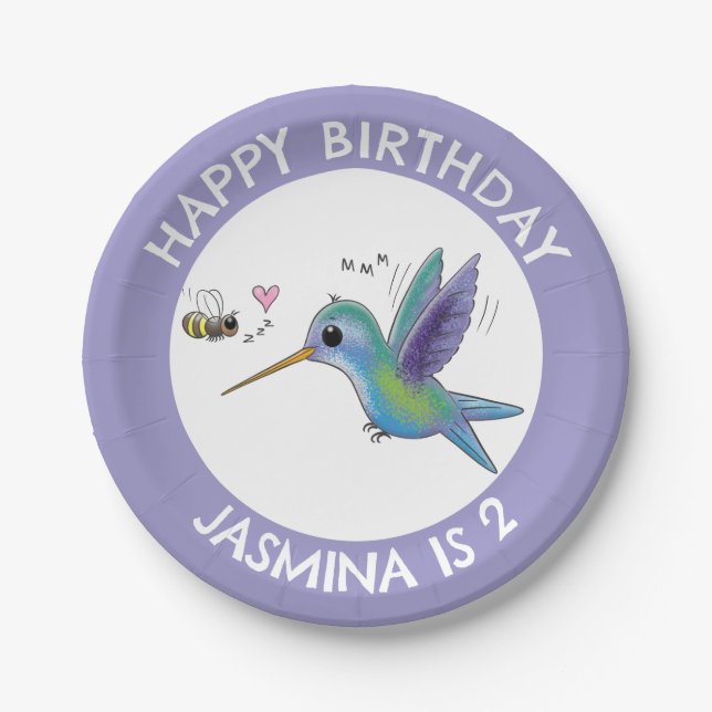 Cute hummingbird and bee cartoon personalized paper plates (Front)