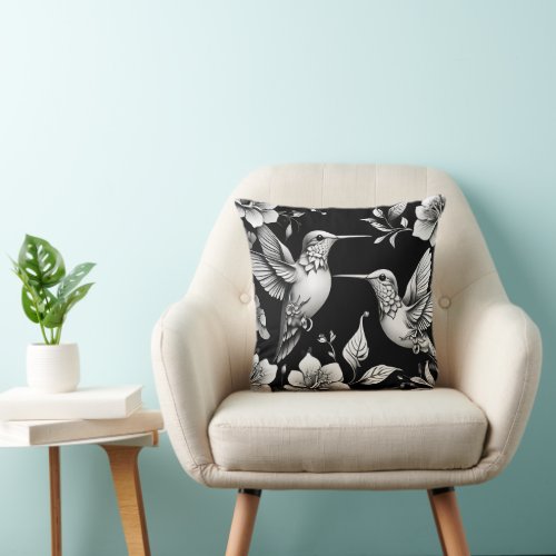 Cute Hummingbird Black  White Design Throw Pillow