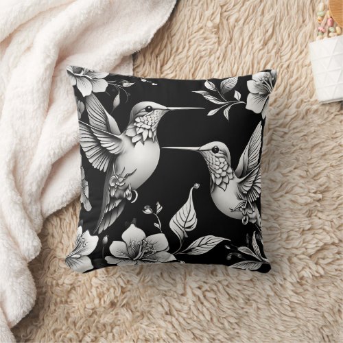 Cute Hummingbird Black  White Designer Cushion