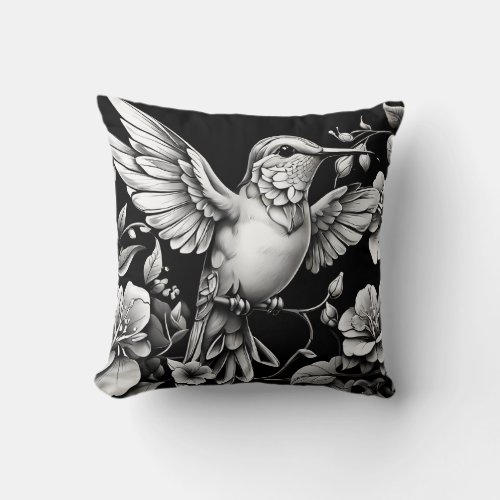 Cute Hummingbird Black  White Designer Cushion