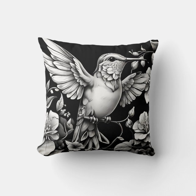 Cute Hummingbird Black & White Designer Cushion (Front)