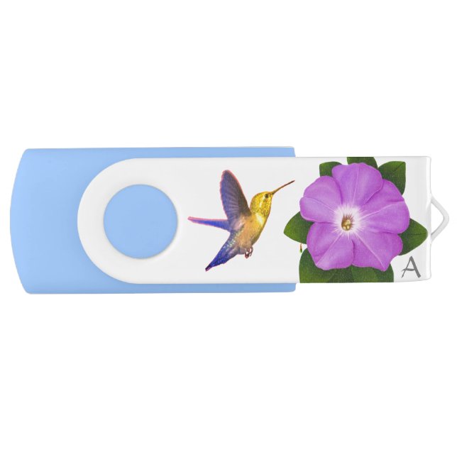 Cute Hummingbird & Flower with Monogram Flash Drive (Front)