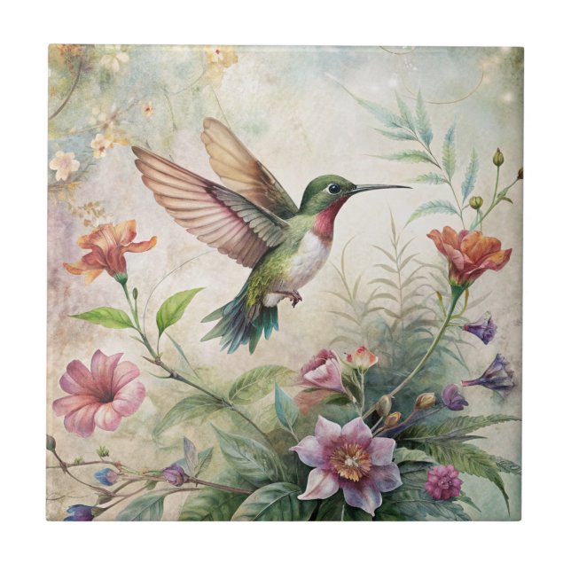 Cute Hummingbird on Flowers Ceramic Tile (Front)