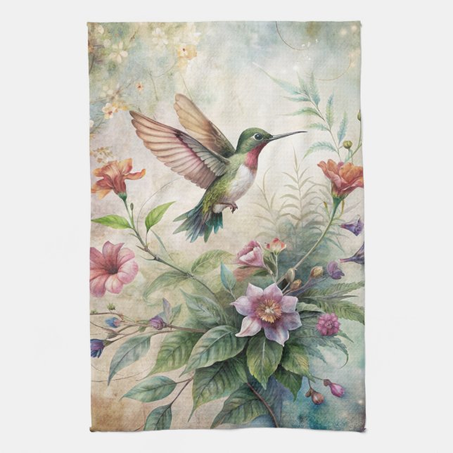 Cute Hummingbird on Flowers Kitchen Towel (Vertical)