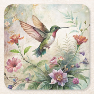 Cute Hummingbird on Flowers Square Paper Coaster