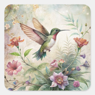 Cute Hummingbird on Flowers Square Sticker