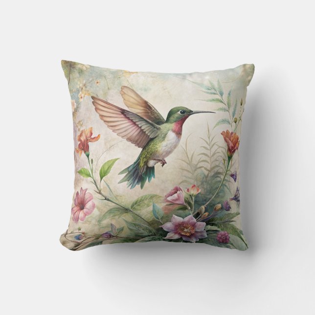 Cute Hummingbird on Flowers Throw Pillow (Front)