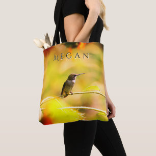 Cute Hummingbird on Sunflower Custom Name Tote Bag