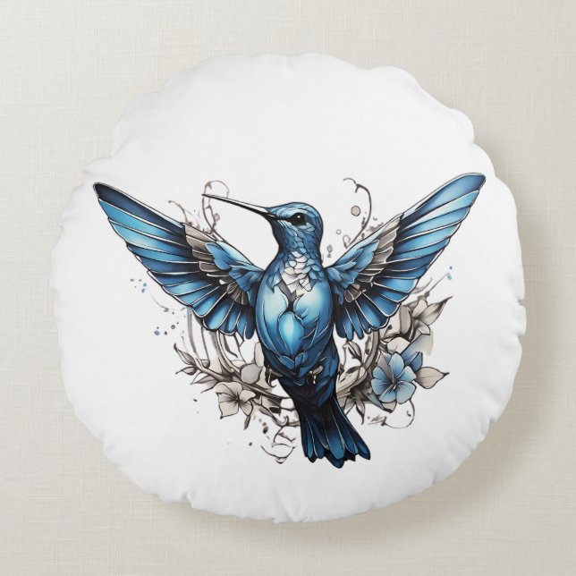 Cute Hummingbird pink & Blue Round Pillow (Front)