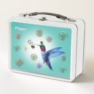 Cute hummingbird & soap bubbles on light teal blue metal lunch box