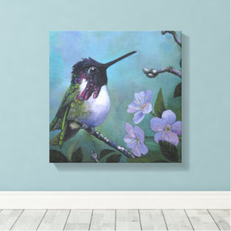 Cute Hummingbird wall design Blue Flowers branch Canvas Print