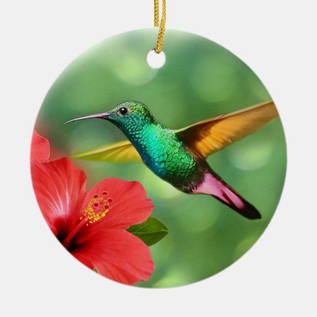 Cute Hummingbird with Flower Ceramic Ornament (Front)