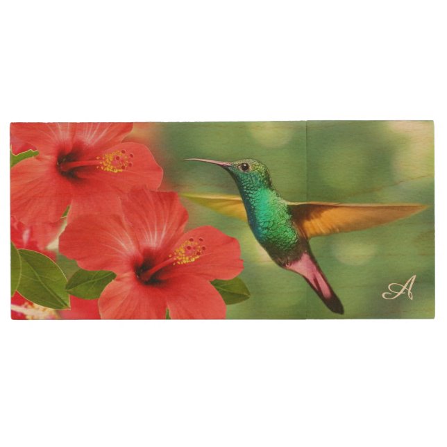 Cute Hummingbird with Flower & Monogram Wood Flash Drive (Front)