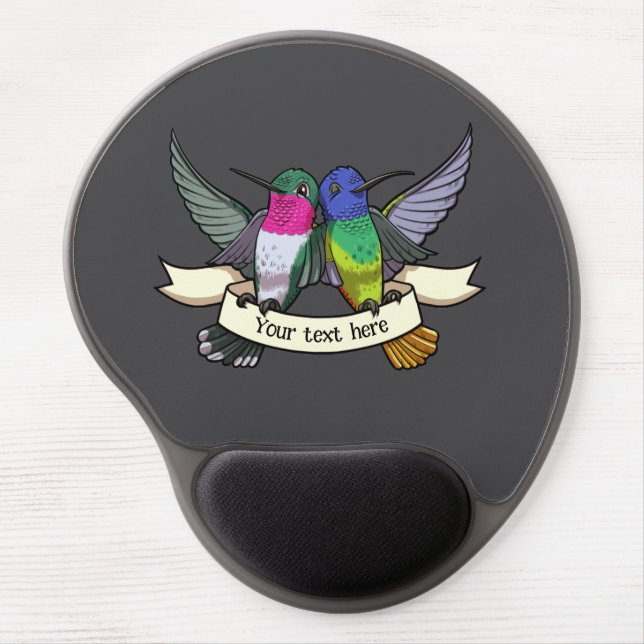 Cute Hummingbirds Add Your Own Text Ribbon Cartoon Gel Mouse Pad (Front)