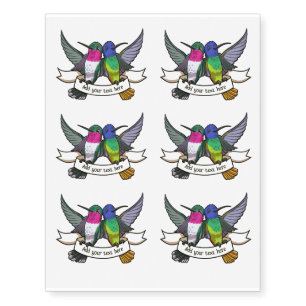 Cute Hummingbirds Add Your Own Text Ribbon Cartoon Temporary Tattoos