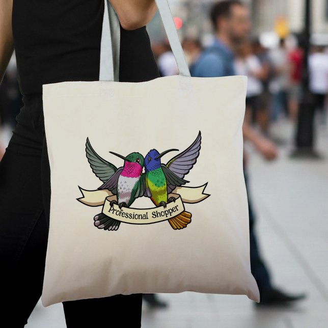 Cute Hummingbirds Add Your Own Text Ribbon Cartoon Tote Bag (Creator Uploaded)