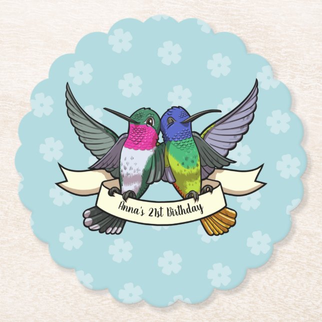 Cute Hummingbirds Birthday Party Add Name & Age Paper Coaster (Front)